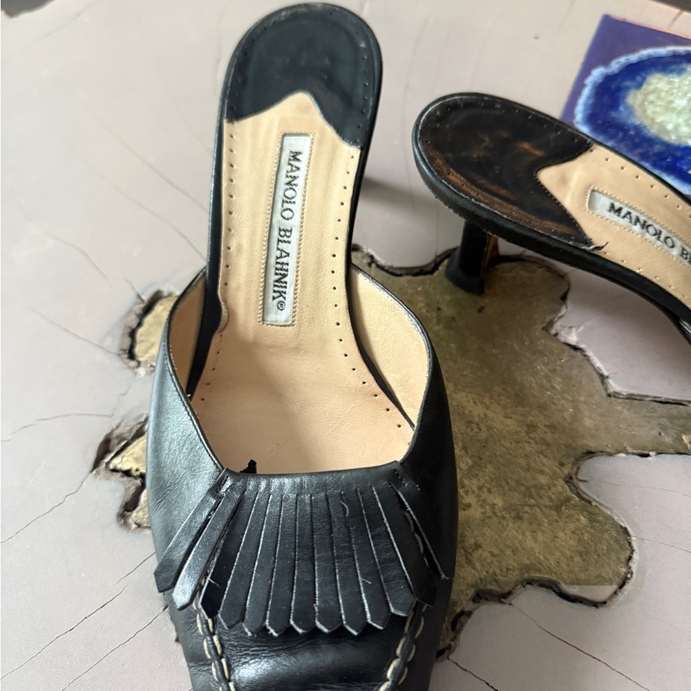 Manolo Blahnik Black Leather Fringe Mules